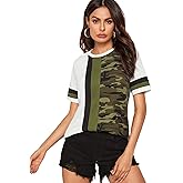 Floerns Women's Leopard Print Color Block T Shirts Short Sleeve Round Neck Tee Tops