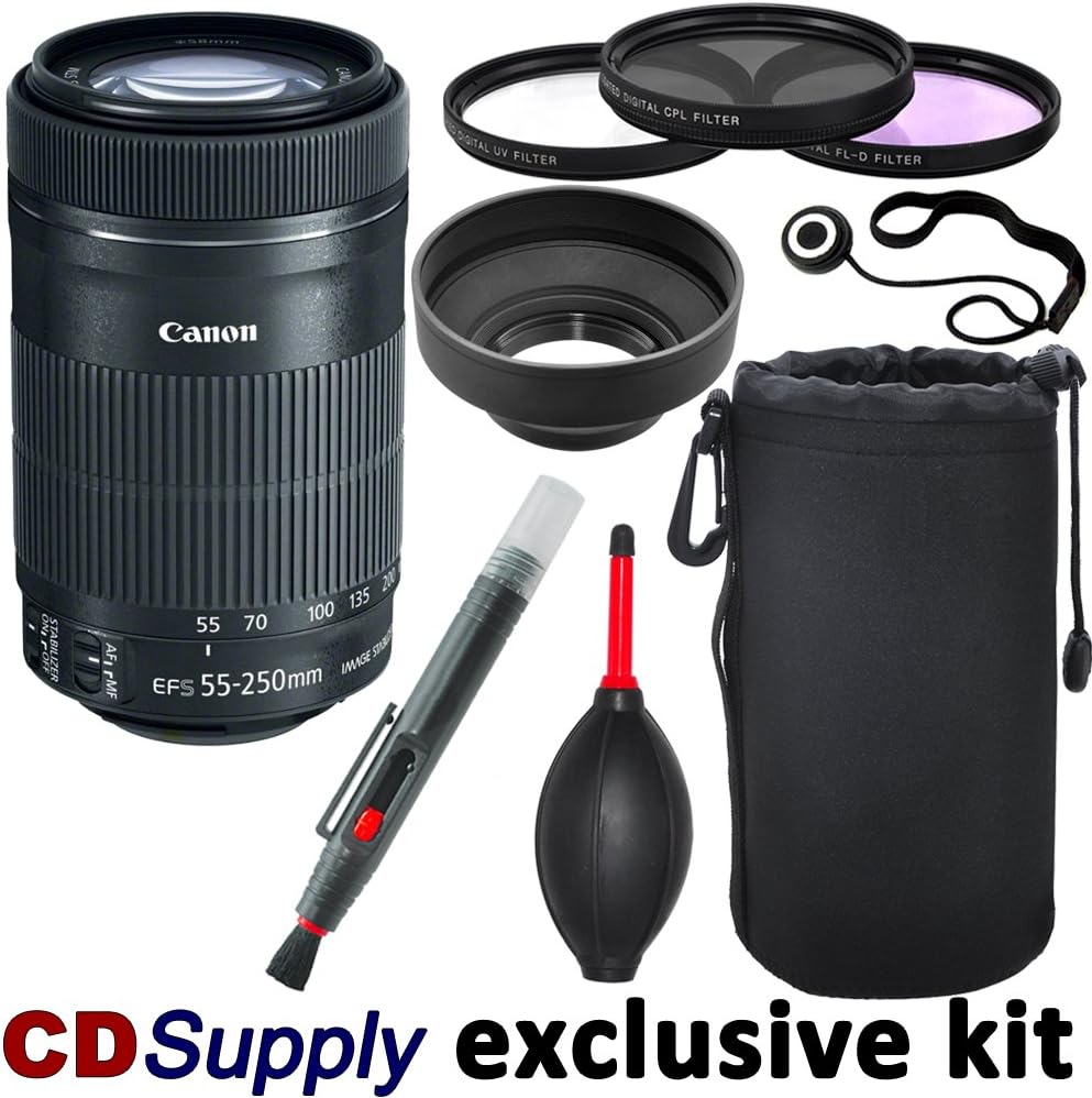 Canon EF-S 55-250mm F4-5.6 IS STM Telephoto Zoom Lens for Canon Digital SLR Cameras, includes; 9pc CD Supply Accessory Kit