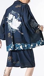 Ambcol Men's Japanese Style Kimono Tops Shorts Sets