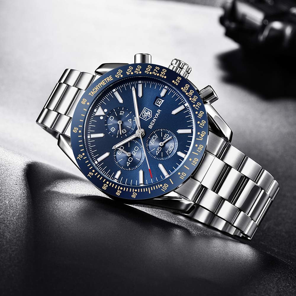 BENYAR Mens Watches Analog Quartz Chronograph Waterproof Dress Watch for Men Business Work Sport Casual Classic Stainless Steel Men's Wrist Watches Elegant Gifts for Men - Image 4