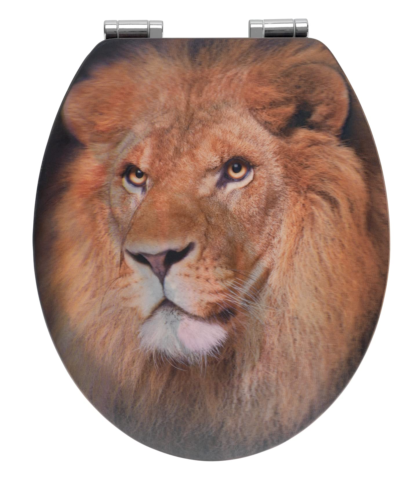 WENKO 22974100 Toilet seat Lion with 3D effect - Toilet seat with soft closing mechanism, rustproof Fix-Clip hygienic zinc pressure cast mounting element, MDF, 38 x 45 cm, Multicoloured