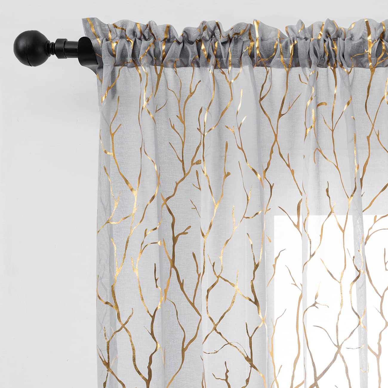 FINECITY Tree Branch Grey Sheer Curtains - Metallic Gold Foil Twig Pattern Privacy Voile Curtains 2 Panels for Bedroom, 52 x 72 Inch, Gray and Gold