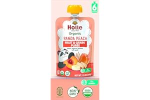 Holle Organic Baby Food Pouches - Panda Peach Baby Puree with Peach, Banana, Apricot & Spelt - (6 Pack) Organic Baby Snacks + Fruit and Veggie Pouches for Weaning Babies 6 Months and Older