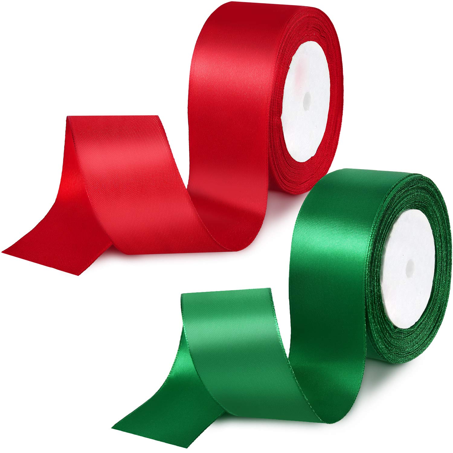 Boao 2 Rolls Christmas Satin Ribbon Double Face Polyester Satin Ribbon Wide Solid Satin Ribbon for Christmas Wedding Gift Wrapping Crafts Decoration Favors (Red, Green, 1.5 Inch)