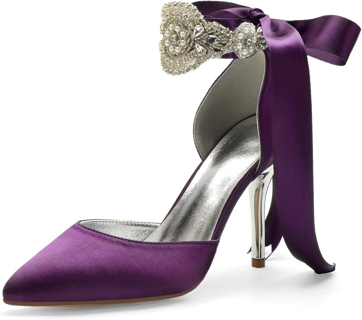 COMFASH Women Bridal Shoes Satin Pointed Toe High Heel Pumps Ankle Strap Pearl Wedding Shoes with Ribbon Bow