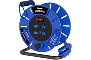WILAWELS Extension Cord Storage Reel with 4-Grounded Outlet & 2 USB Port, 15A Circuit Breaker, Heavy Duty Open Cord Reel for 12/3,14/3 Gauge Power Cord, Hand Wind Retractable, ETL Listed Blue U85CR06