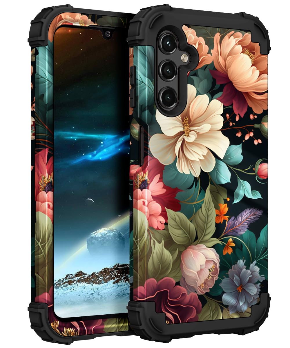 Photo 1 of PIXIU Unique Flower Pattern Compatible with Samsung Galaxy A15 5G case, Heavy Duty Dual Layer Shockproof Full-Body Protective Sturdy Hybrid Cute Rugged Case for Women,Girls,Kids-Black Floral