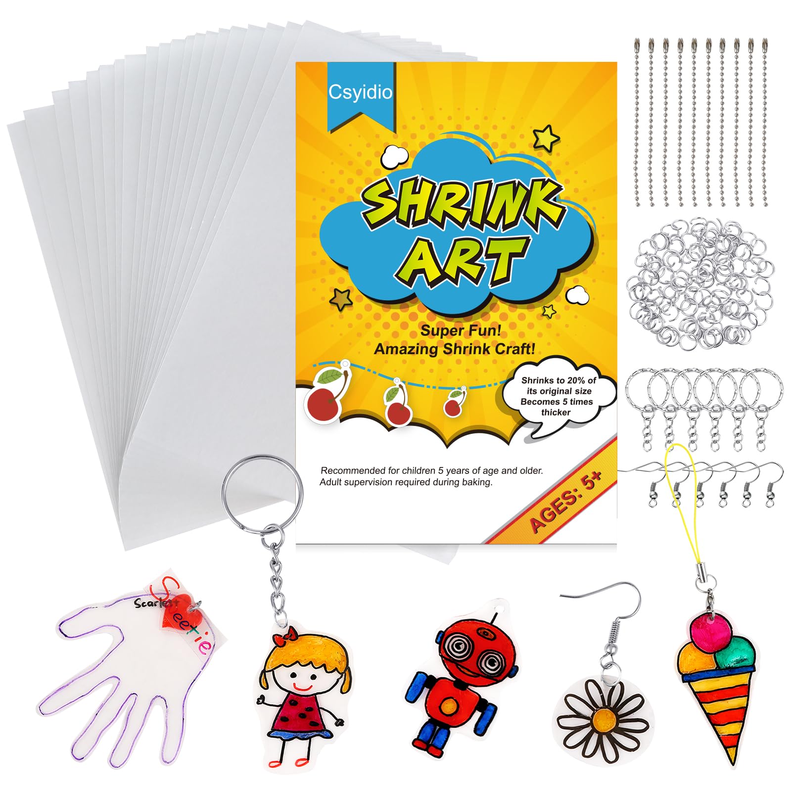 Csyidio 175 Pieces Shrink Plastic Sheet Kit Include 25 Pieces Shrink Plastic Sheets with 150 Pieces Metal Accessories for Key Chains Earrings and Kids' Halloween Gifts