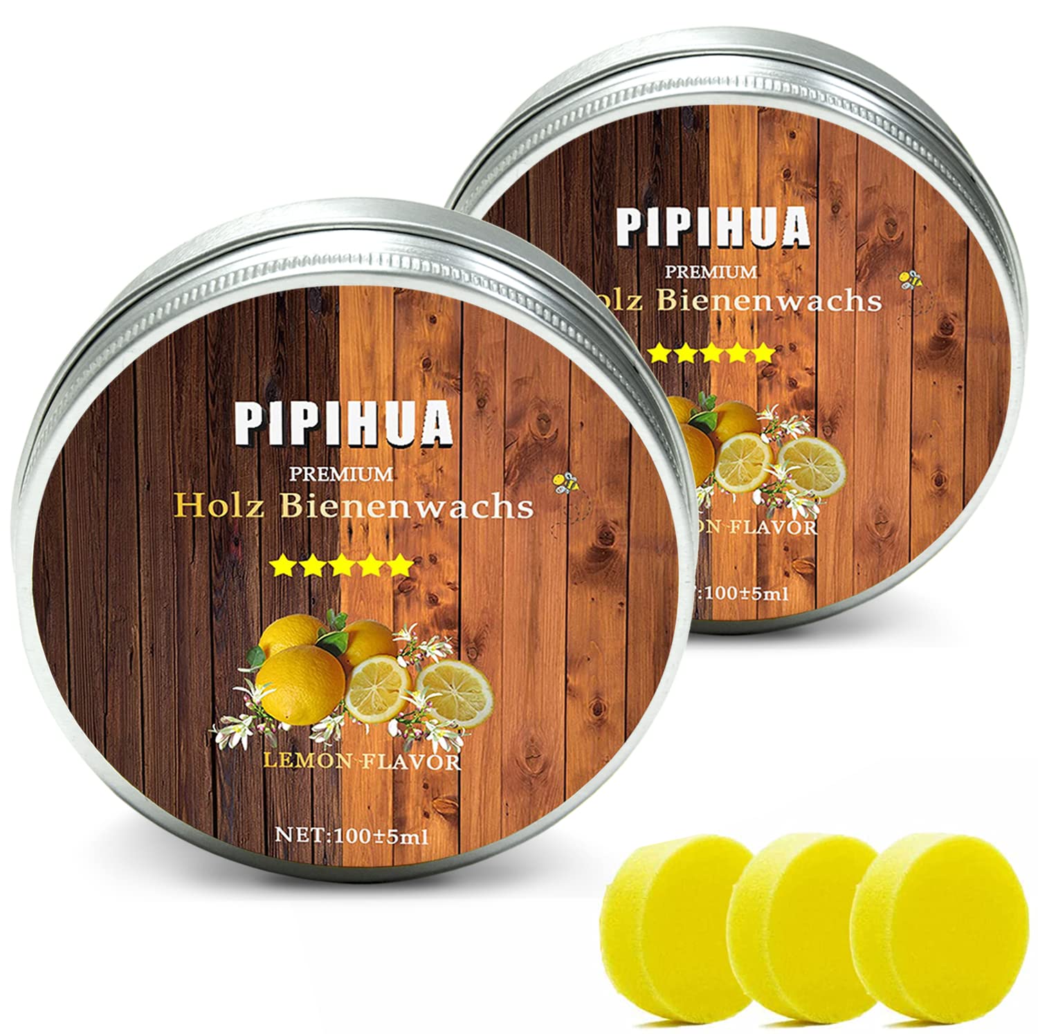 PIPIHUA Beeswax Polish for Wood, Multi-purpose Furniture Polish for Waterproofing & Protection, Natural Beeswax Traditional Wax for All Wood Types and Colours, 2×100ml with 3 Sponges（Lemon）
