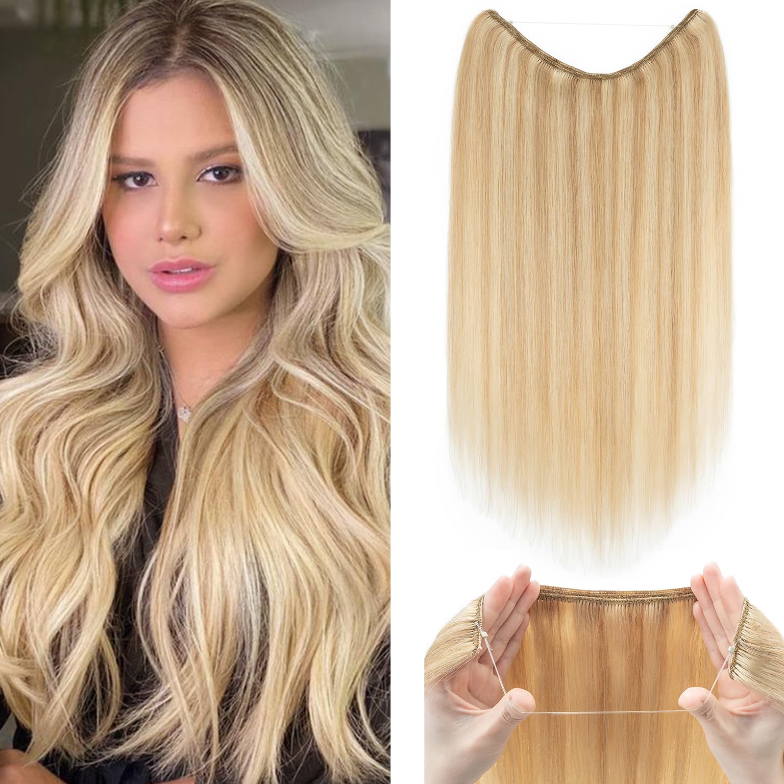 Silk-co 18inch Silk-co Secret Wire In Hair Extensions Invisible One Piece Natural No Clip Invisible Remy Human Hair Straight 3/4 Full Head #18P613 Ash Blonde&Bleach Blonde