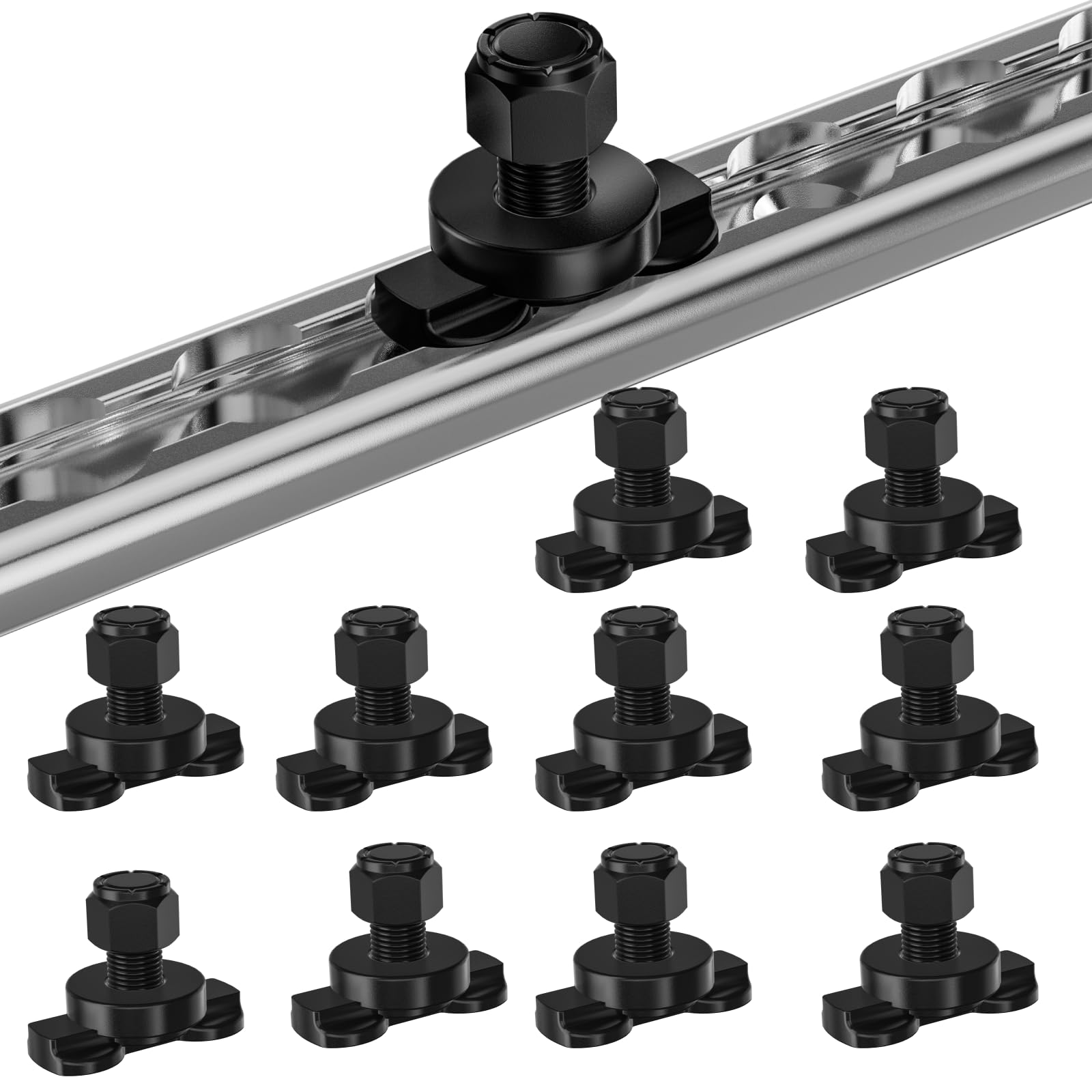 Photo 1 of vandrabase 10 Pack L-Track Double Lug Threaded Stud Nut Fitting Tie Down,4500LBS Max Load,Black Heavy Duty Steel, L Track Hook and Accessories for Trailer or Truck Bed Cargo Control – 1.14" Height