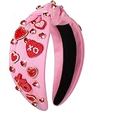 NVENF Hairband, Valentine's Day Headband for Women with Love Heart and Crystal, Red, Pink, Wide Top Knot Headband, Hair Accessories Gifts