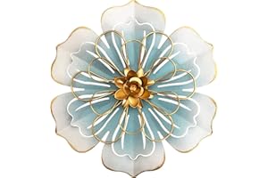 PICFARCE Metal Flower Wall Art Decor, 9.5”Rustic Modern Floral Sculpture, Distressed Iron Wall Hanging Home Decoration Accent Artworks for Indoor Kitchen Bedroom Living Office Outdoor Garden Patio-06 Blue Gold