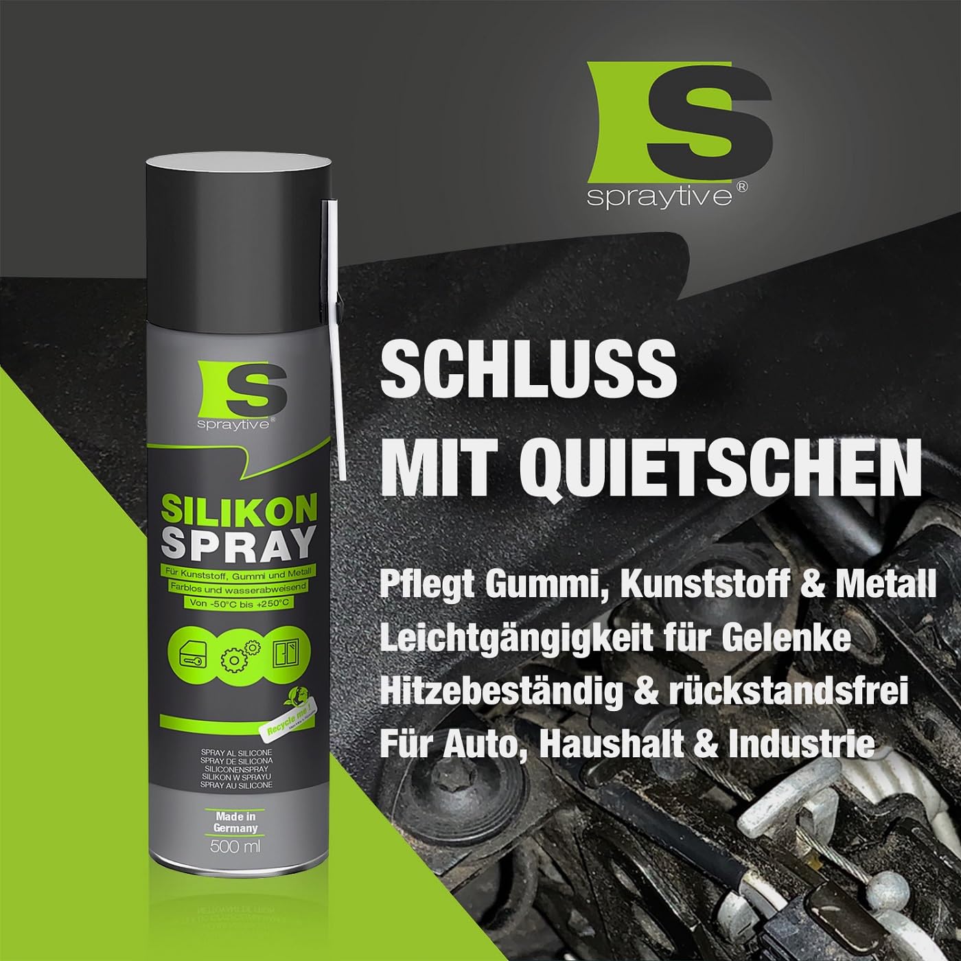 Spraytive 6 x 500ml Silikonspray - Schmiermittel & Gleitspray für Auto, Gummi, Kunststoff & Metall - Farblos, wasserabweisend, rückstandsfrei - von -50 °C bis +250 °C - Made in Germany 2