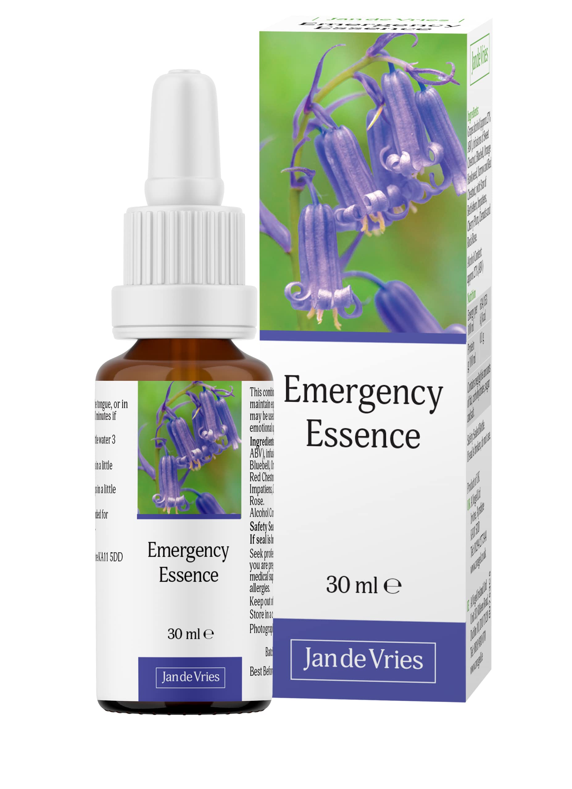 Jan De Vries Emergency Essence | Calm & Steady the Emotions | Contains Star of Bethlehem, Bluebell & Yarrow | 30ml