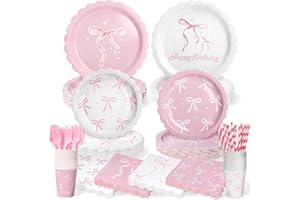 KINOVO 300 Pcs Pink Bow Plates, Cups, Napkins and Tableware Sets for Coquette Birthday Decorations, Party Supplies Include Straws, Pink Birthday Decorations Which Can Serve 50