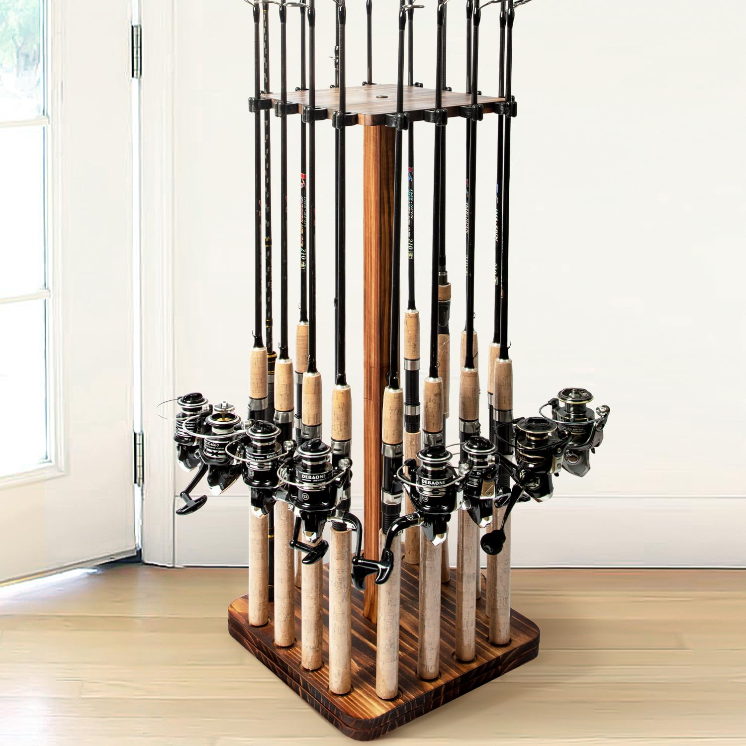 Photo 1 of Ghosthorn Fishing Rod Holders for Garage 360 Degree Rotating Fishing Pole Rack, Floor Stand Holds up to 16 Rods Wood Fishing Gear Equipment Storage Organizer, Fishing Gifts for Men Women