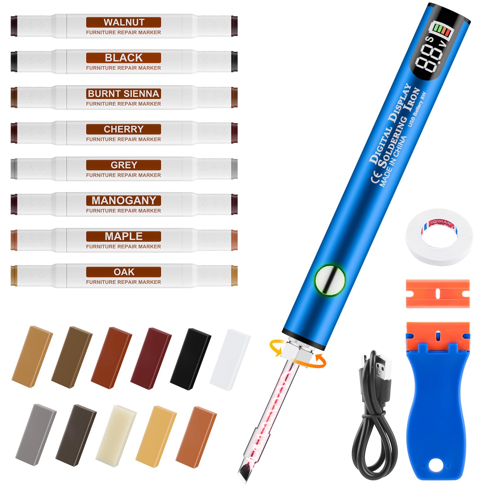 Photo 1 of Laminate Wood Floor Repair Kit, Wax Melting Tool with Display, Hard Wax Filler, Marker Pen, Furniture and Countertop Repair Set,Blue