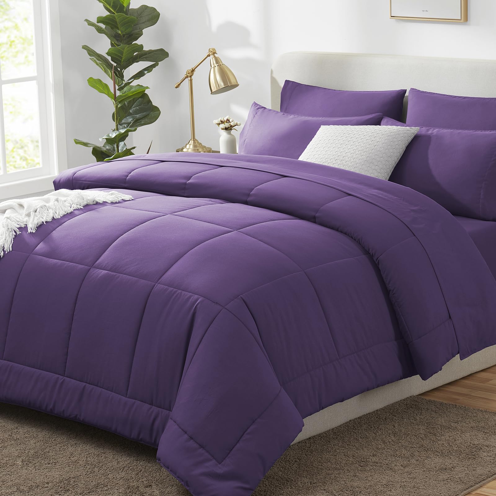 CozyLux King Size Comforter Set Purple, 7 Pieces Bed in a Bag, Purple Comforter King Size, All Season Bedding Sets with Stitch Quilted Comforter, Flat Sheet, Fitted Sheet, Pillowcases Image