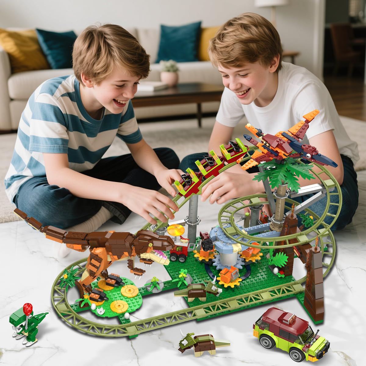 HOGOKIDS Dinosaurier Achterbahn Bausteine Spielzeug – 1222pcs Achterbahn Bauspielzeug mit 4 Dinosauriern, Geländewagen, Dinosauriermodellen, Geschenk für Erwachsene, Mädchen Jungen ab 8 Jahren 3