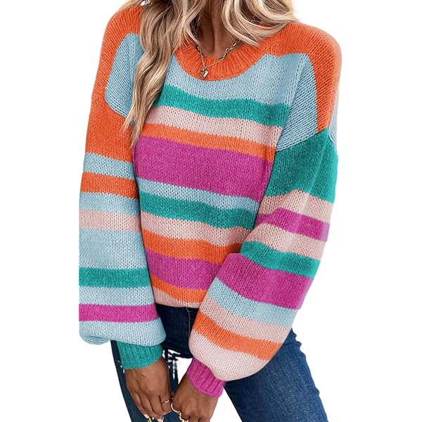 Women's Multicolor Striped Knit Drop Shoulder Puff Sleeve Sweater