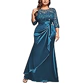 MISSMAY Women's Plus Size Sequin Lace Contrast Satin Ruched Bodycon Mermaid Formal Maxi Dress