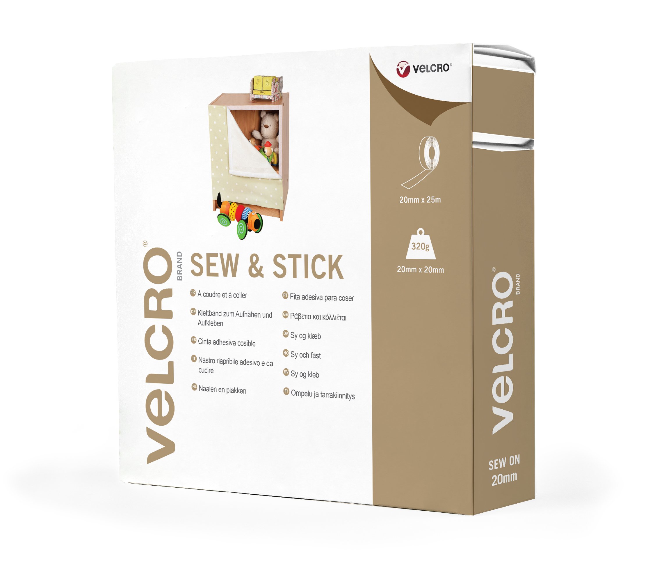 VELCRO® Brand | Sew & Stick Fabric Tape | Cut-to-Length Strong Hook & Loop Self Adhesive Sticky Tape Perfect for Crafting, Clothing Repairs & Hemming | White | 20mm x 25m — image 1