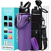 Insulated Water Bottle with Straw - 40 oz Triple Walled Water Bottle with Strap Carrier Bag, Flip Top Lid, Paracord Handle, Protective Cup Mat, Sweat-proof Metal Waterbottle for Sport, Gym, Workout