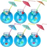 SiliFine 6 Pcs Fish Bowl Cups 16 oz with Fake Fish Umbrella Straws, Clear | 24 Fake Fish Decorations, Spherical Bulb Design for Drinks, Summer Beach Theme Party Supplies, Carnival Table Decor