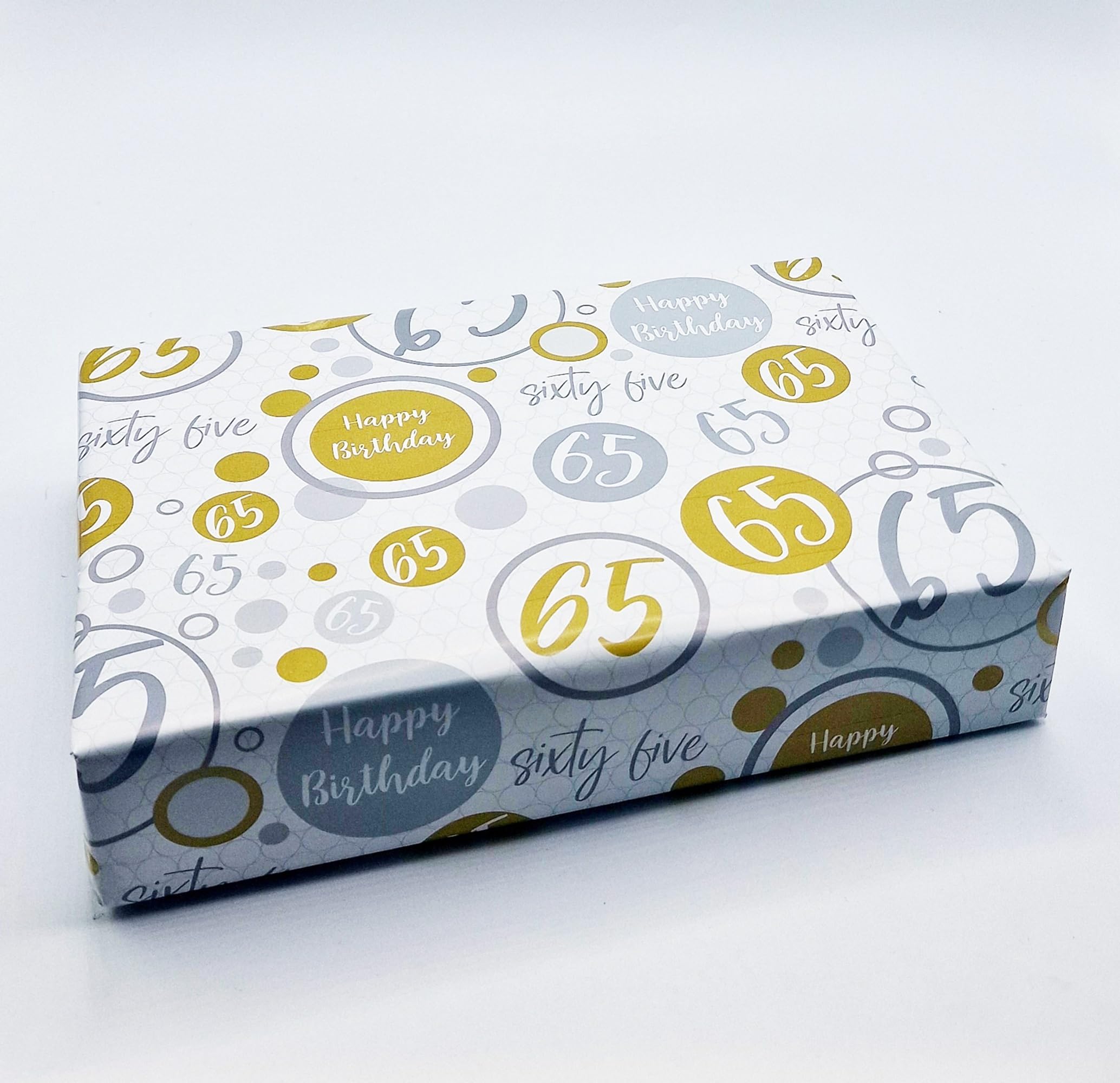 4 Sheets + 4 Matching Gift Tags 65th Birthday Wrapping Paper Age 65 Birthday Gold Silver Giftwrap For Male and Female (PA)