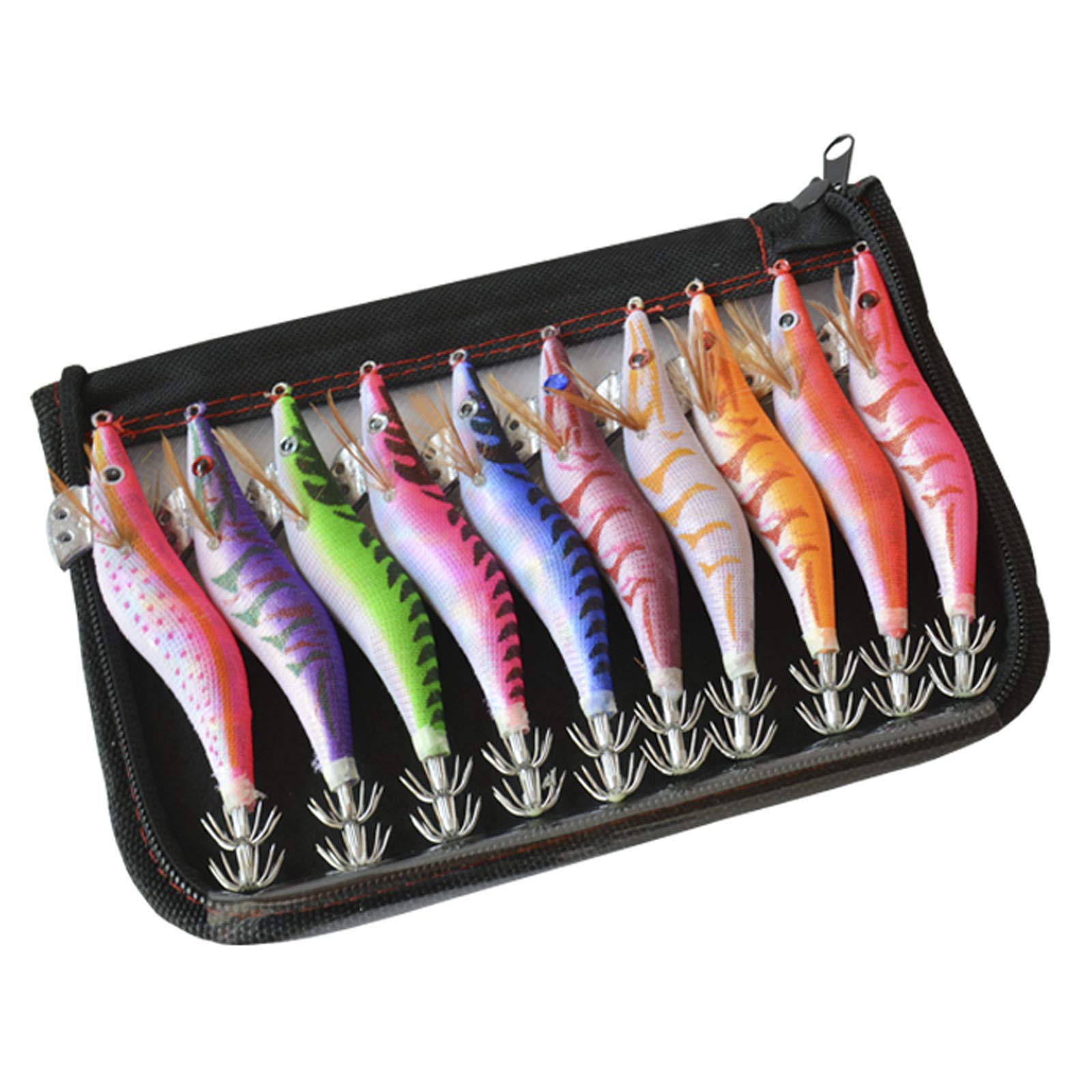 TOPIND Squid Jig Fishing Lures Kit 10pcs Luminous Tail Glow Fishing Wood Shrimp Lure Artificial Fishing Hooks Hard Octopus Cuttlefish Prawn Shrimp Bait with Bag (#3.5-14.5cm/5.71in)