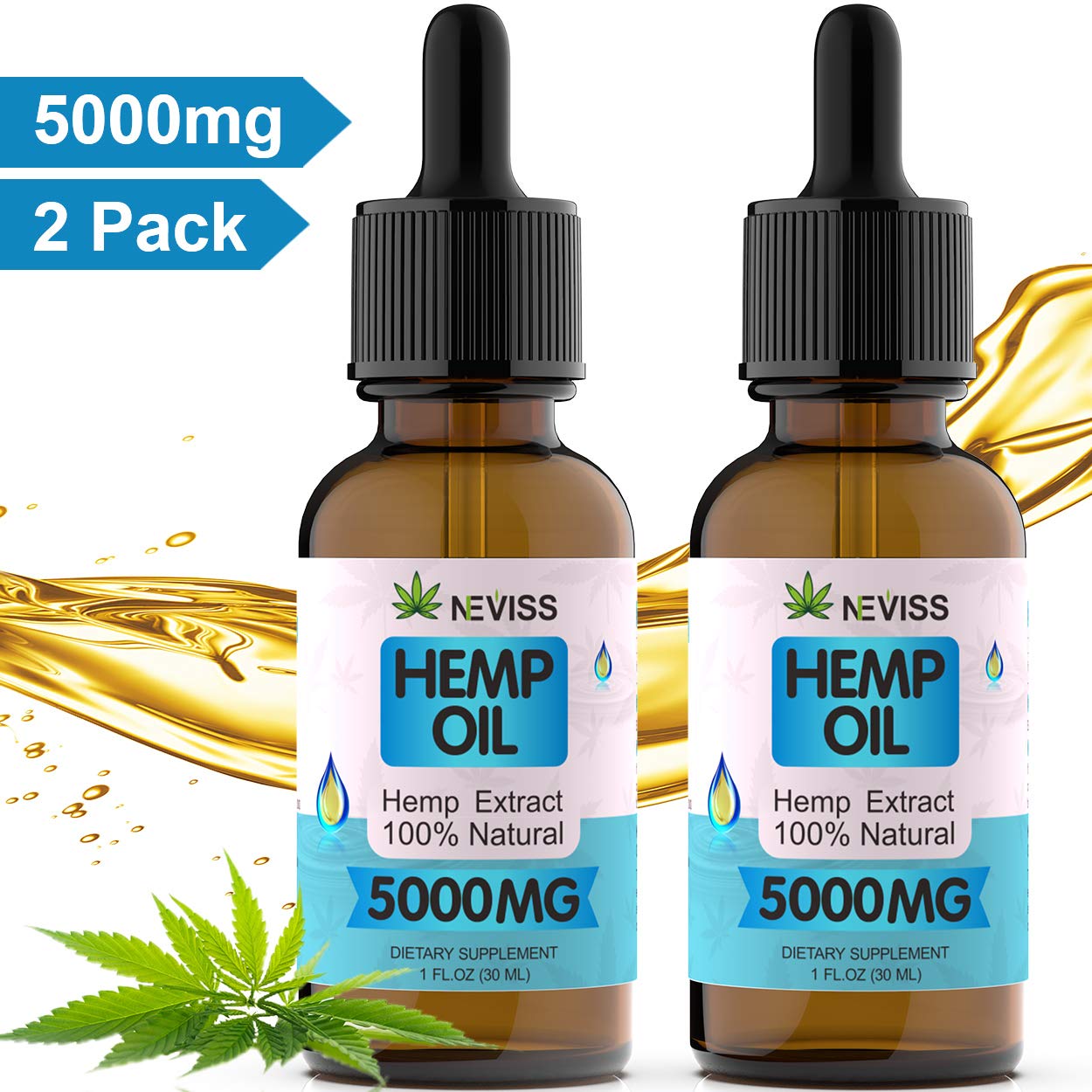 (2 Pack) Organic Hemp Oil Tincture 5000mg for Pain Relief, Stress and Anxiety Relief, Improve Sleep - 100% Natural Hemp Extract, Vegan Hemp Oil Extract- Made in USA