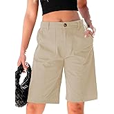 luvamia Bermuda Shorts for Women Knee Length High Waisted Cotton Elastic Waist Summer Dressy Casual Long Chino Shorts