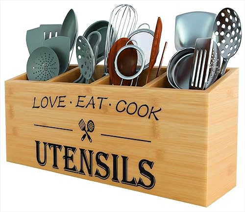 Wingsife Utensils Holder with 4 Compartments, Bamboo Utensil Organizer for Kitchen Countertop, Silverware Caddy Cutlery Holder for Flatware Fork Spoon Spatula, Cooking Utensil (New Version Bamboo)
