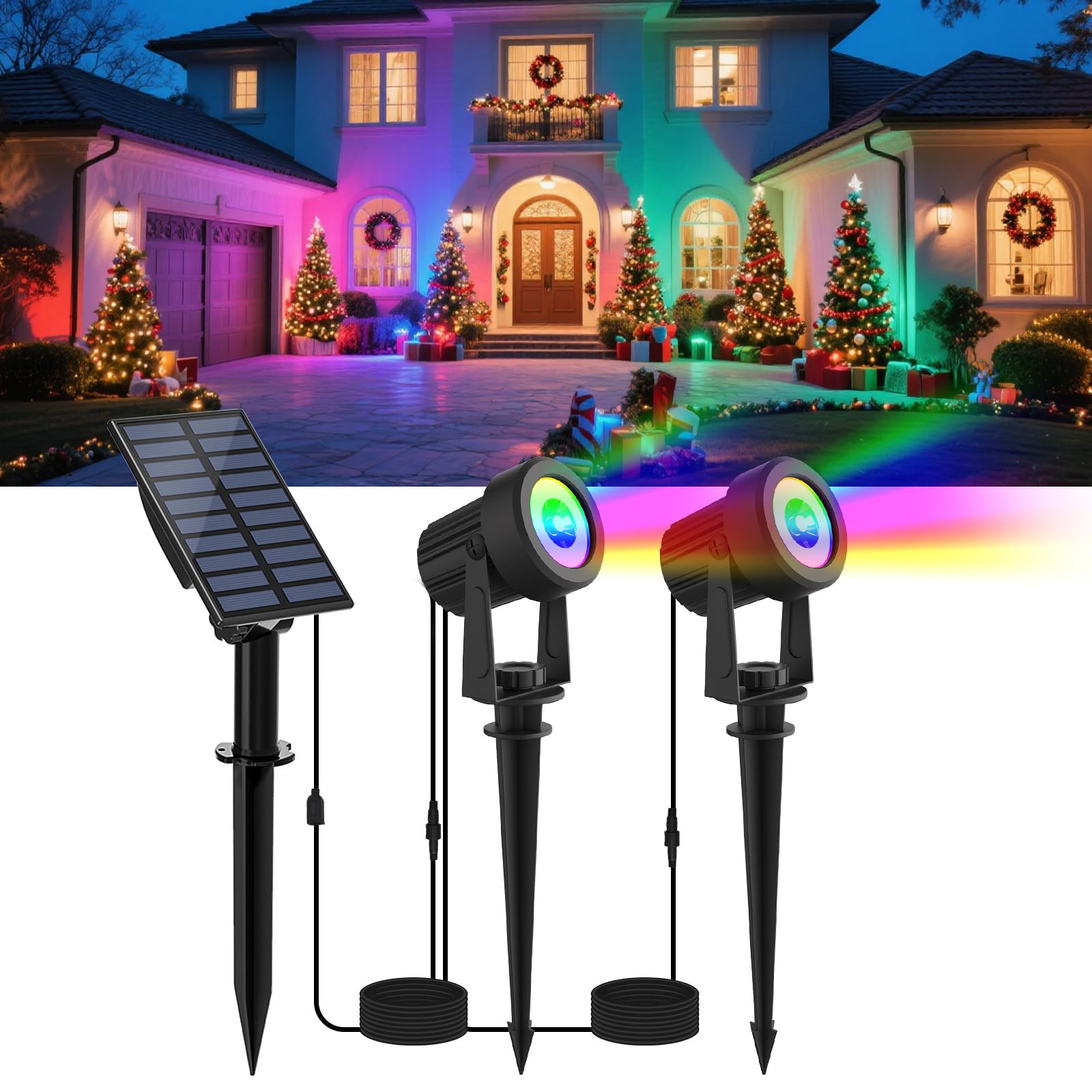 NATPOW Solar Spotlight Outdoor Garden, RGB Dusk to Dawn Spot Lights, Auto ON/Off Solar IP65 Waterproof Colour Changing Garden Lighting for Trees, Patio (2-in-1) — image 1