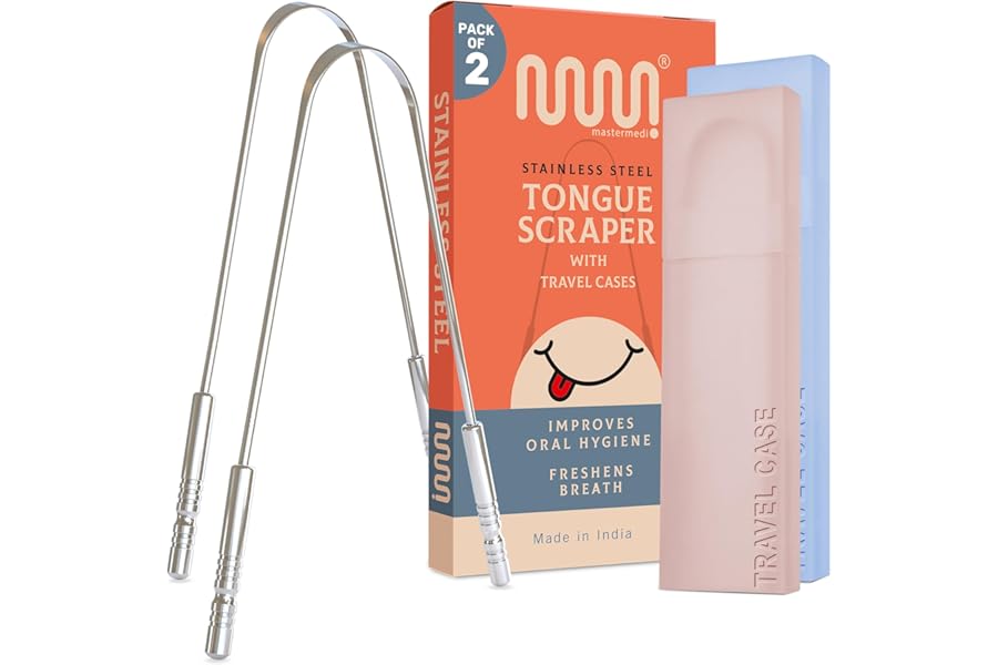 MasterMedi Tongue Scraper for Adults with Multicolor Travel Cases (2 Pack), 100% Stainless Steel, Reduce Bad Breath, Tongue Scrubber, Easy to Use, Tongue Cleaner for Oral Care & Hygiene