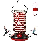 MKLZ Glass Hummingbird Feeder, Red Hummingbird Feeders for Outdoors Hanging, 19 Ounces, Mosaic Bottle Easy to Clean, 5 Feeding Ports, Ant Moat Included