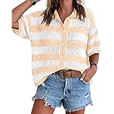 Cicy Bell Womens Summer Striped Crochet Cardigan Sweater Half Sleeve Button up Tops Loose Fit Cover Up