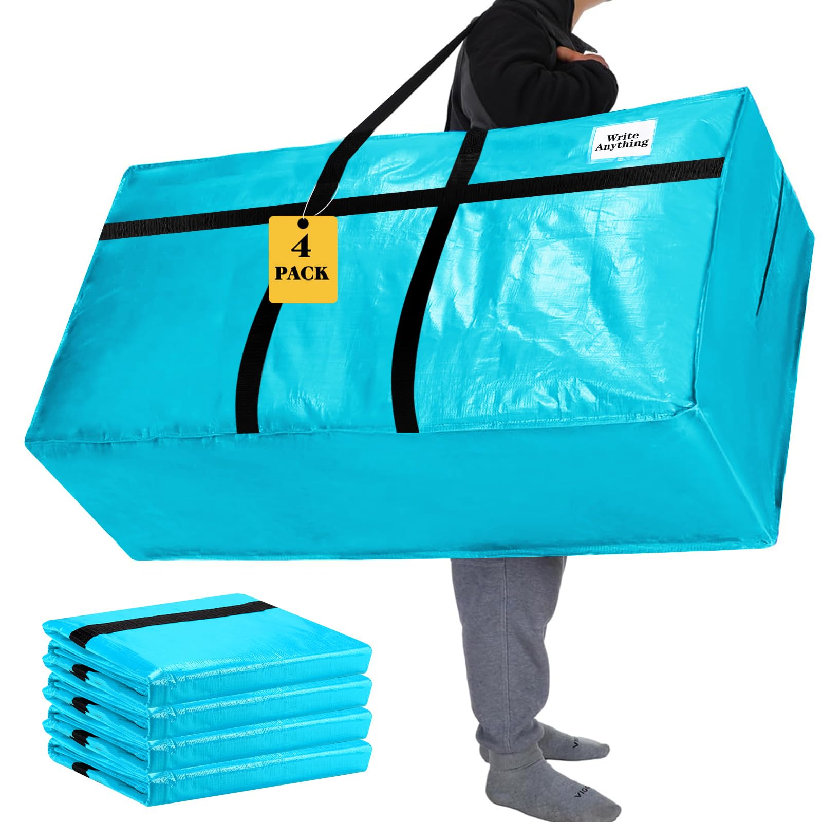 Windyun 4 Pack 69 Gallon Extra Large Moving Bags XXL Heavy Duty Storage Bag with Strong Zipper Handle Jumbo Big Tote Box Foldable for College Dorm Travel Clothes Duffle Blanket Pillow(Lake Blue)