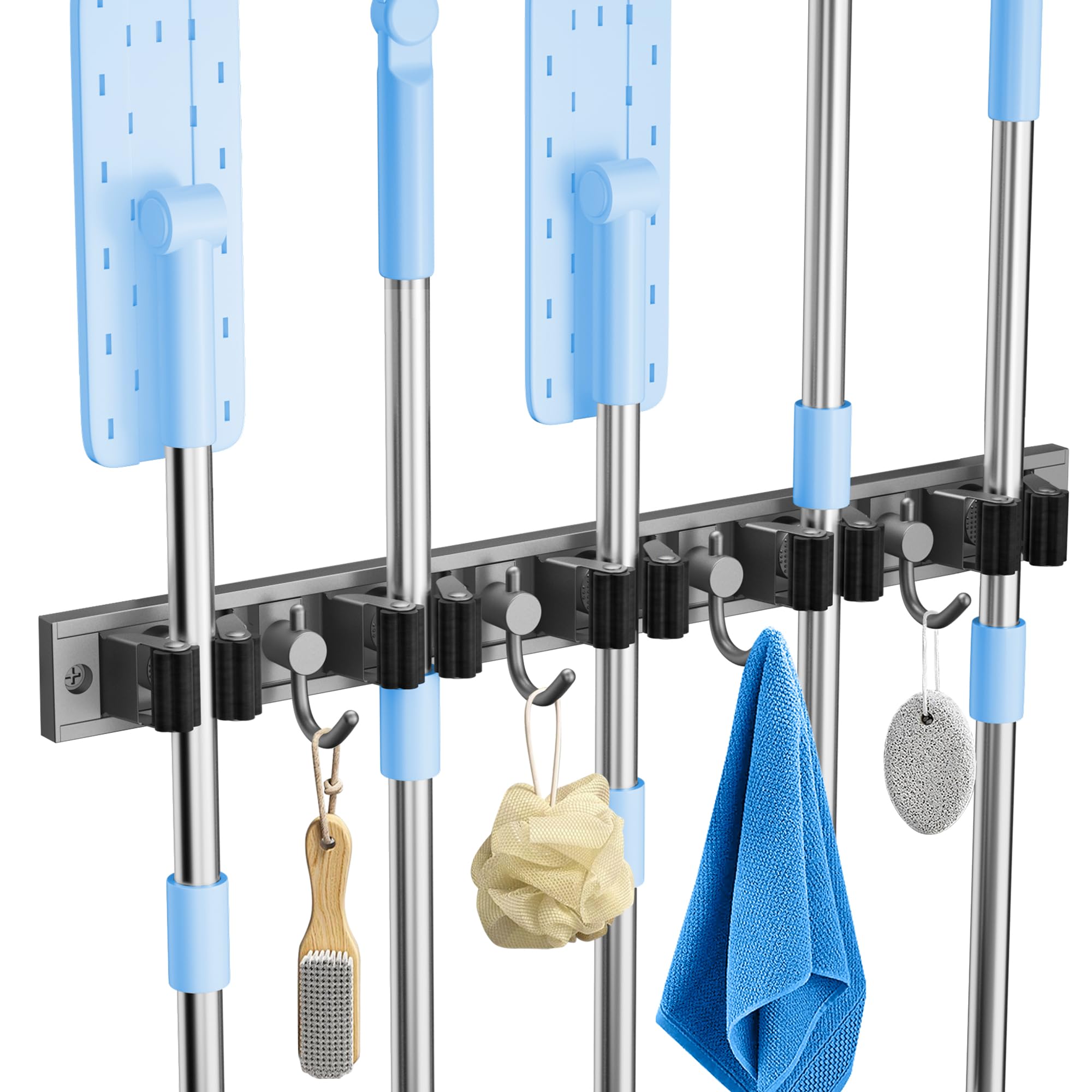 romise Mop Broom Holder Wall mounted, Adjustable Heavy Duty Broom Gripper, Brush Tool Holder With 5 Broom Clips and 4 Hooks, Perfect Storage Solutions for Utility Room, Launry Room, Garage and Garden