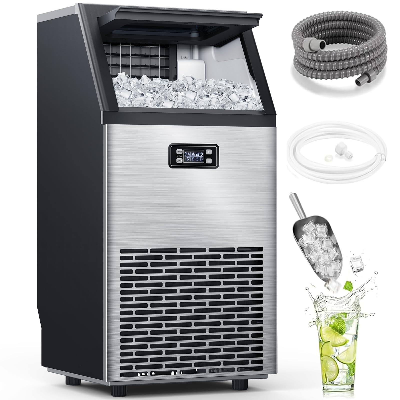 Photo 1 of  ***********FINAL SALE- NO RETURNS**********Commercial Ice Maker Machine, 100lbs/24H Stainless Steel Ice Machine with 33lbs Storage Capacity, Auto Self-Cleaning Freestanding Ice Maker, Ice Machine Freestanding for Bar/Cafe/Restaurant