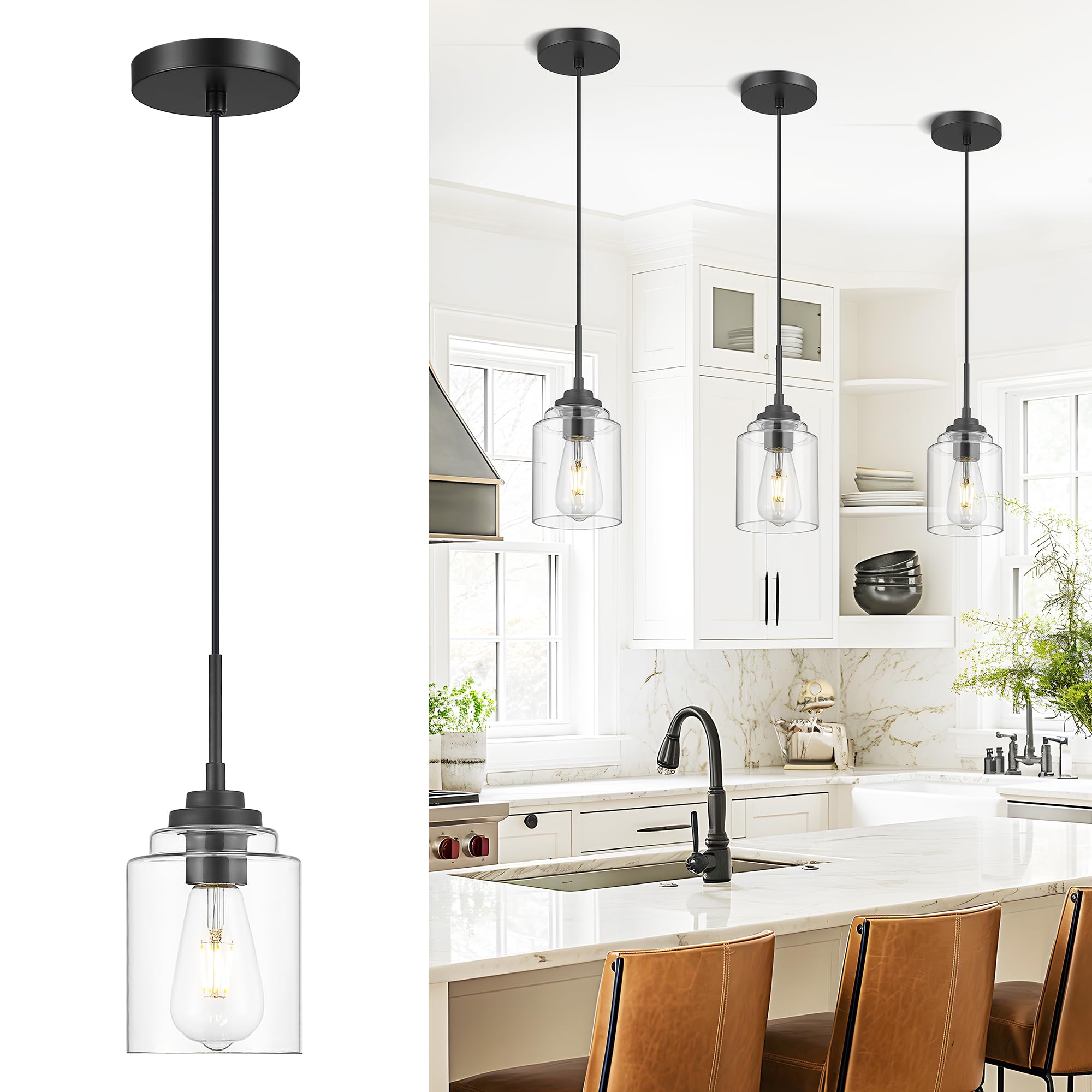 Photo 1 of **1 LIGHT PENDANT** AUTELO Pendant Lights Kitchen Island, 1-Light Pendant Lights in Black Finish with Clear Glass, Industrial Pendant Light Fixtures, Black Hanging Lamp for Kitchen Island, Dining Room H7010 BK