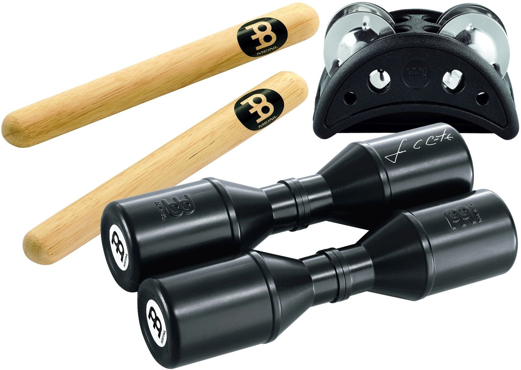 Meinl Percussion Perc Pack Set - Featuring Luis Conte Live Shaker, foot tambourine, and 1 pair of claves - Black, Natural (PP-1)