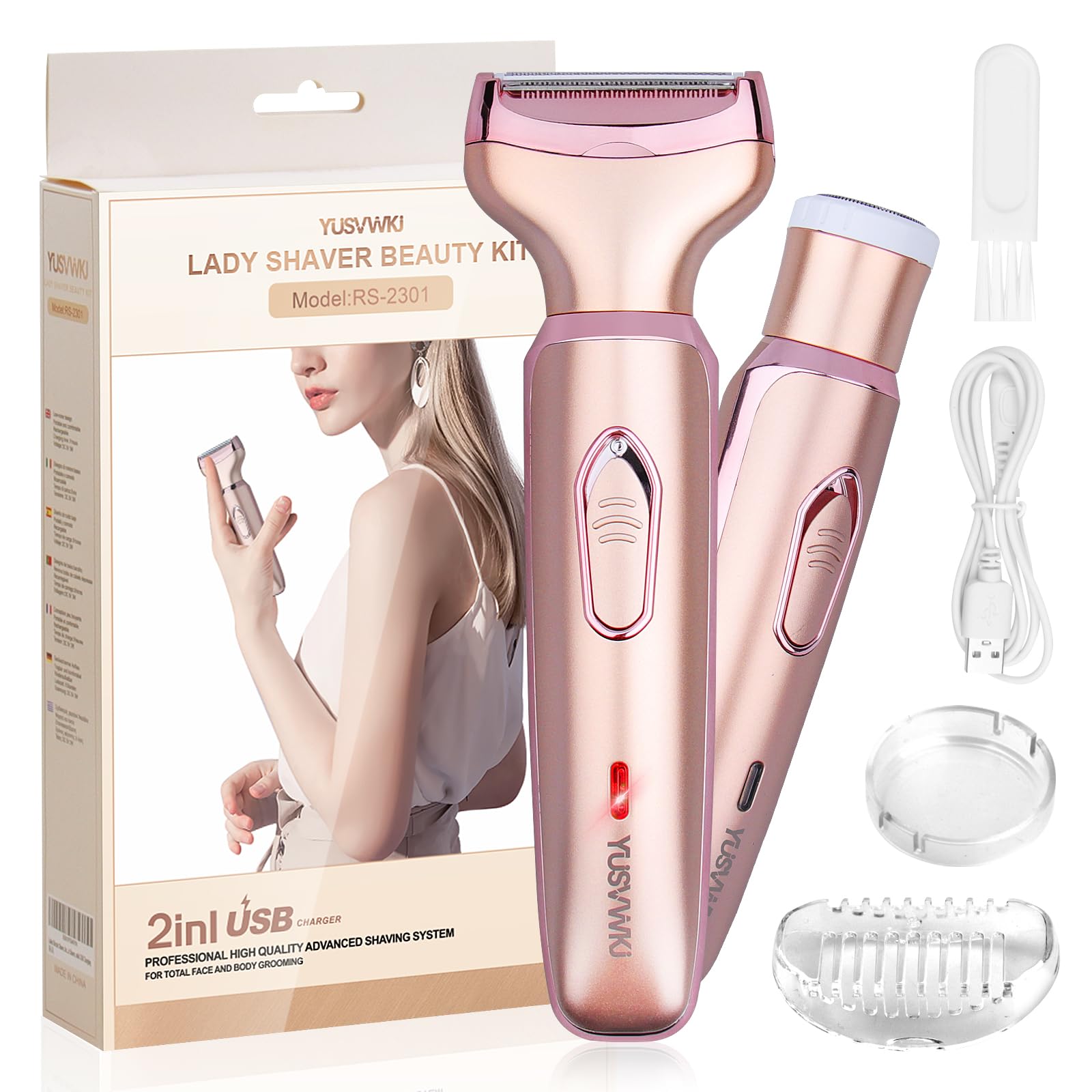 Lady Shaver for Women, 2 in 1 Electric Shaver for Face Legs Lip Arms Legs Underarms Bikini, Wet & Dry Waterproof Ladies Razor USB Charging