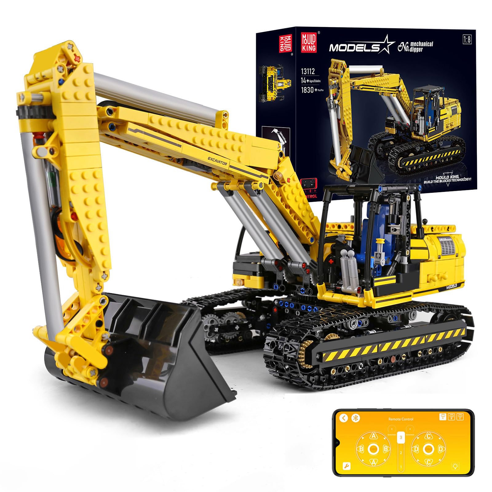Mould King 13112 Remote Control Excavator Building Toy, APP Control Digger Kits, Construction Vehicles Model with Motor, STEM Engineering Toys for Adult