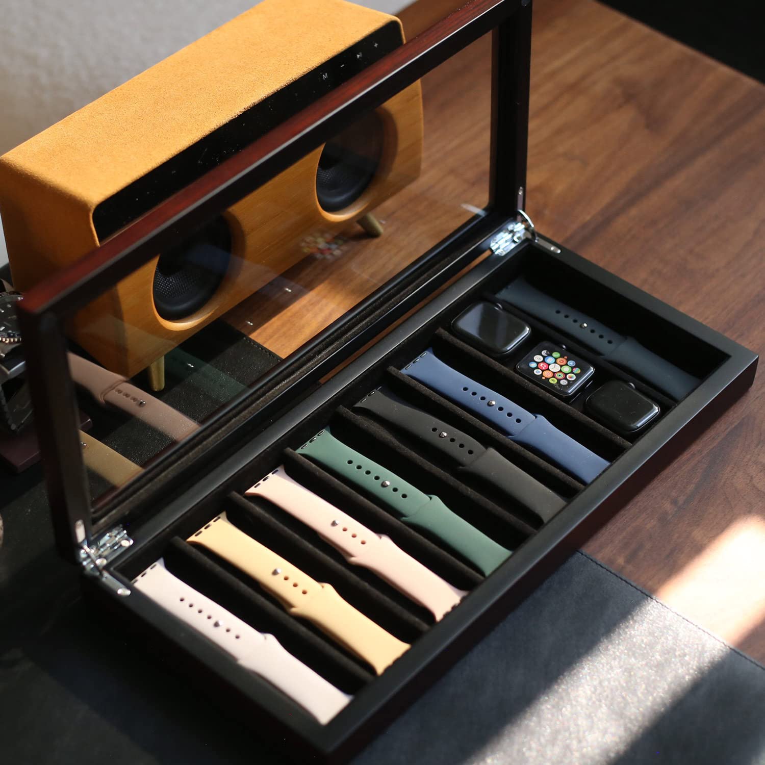 Besforu Watch Band Organizer - Holder Case for Men or Women, Wooden Storage Box Compatible with Apple Watch Bands and Accessories (Ebony Veneer, 8 Slot)