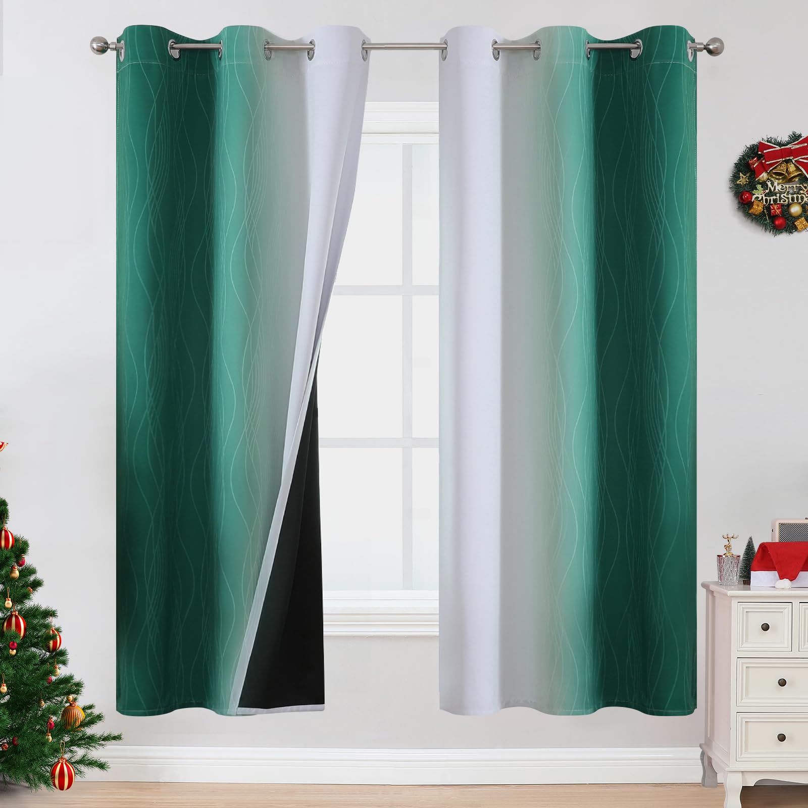 VEHEDE Thermal Noise Reducing Ombre Blackout Curtains 72 Inch Drop for Bedroom, Stripe Wave Light Blocking Eyelet Drapes for Living Room, W42 x L72 Inch, Dark Green and Greyish White, 2 Panels
