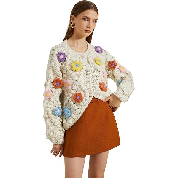 Women's 3D Flowers Embroidered Sweater V-Neck Button Down