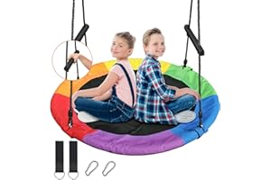 Treeswin Saucer Tree Swing 46 Inch, 800 lb Capacity Swing for Kids with Hanging Straps, Textliene Fabric Waterproof Steel Frame and Carabiner for Playground and Backyard, New Year Day Gifts(Rainbow)
