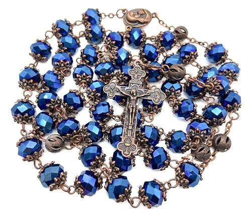 Nazareth Store Deep Blue Crystal Rosary - 21 Inch Men's Prayer Beads With Holy Soil Medal
